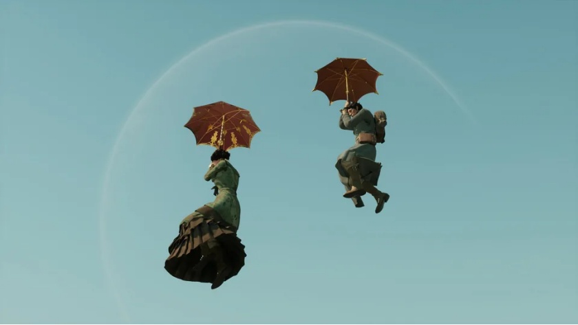 像很多游戏中会出现的滑翔伞，在游戏内也变成了非常符合世界观的蒸汽风雨伞